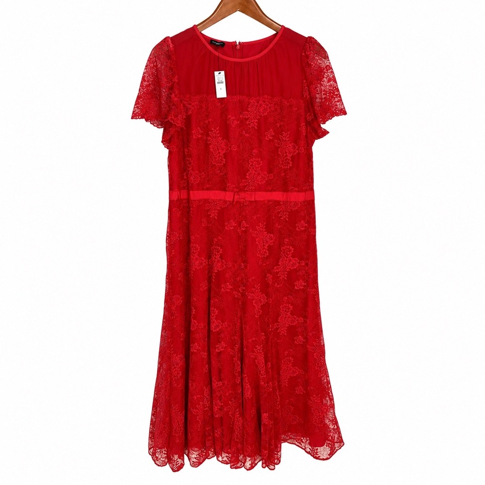 Talbots Red Chantilly Lace Fit & Flare Midi Dress Short Sleeve Scallop Hem L
